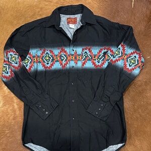 Black Wrangler Western Pearl Snap Shirt with Colorful Geometric Pattern